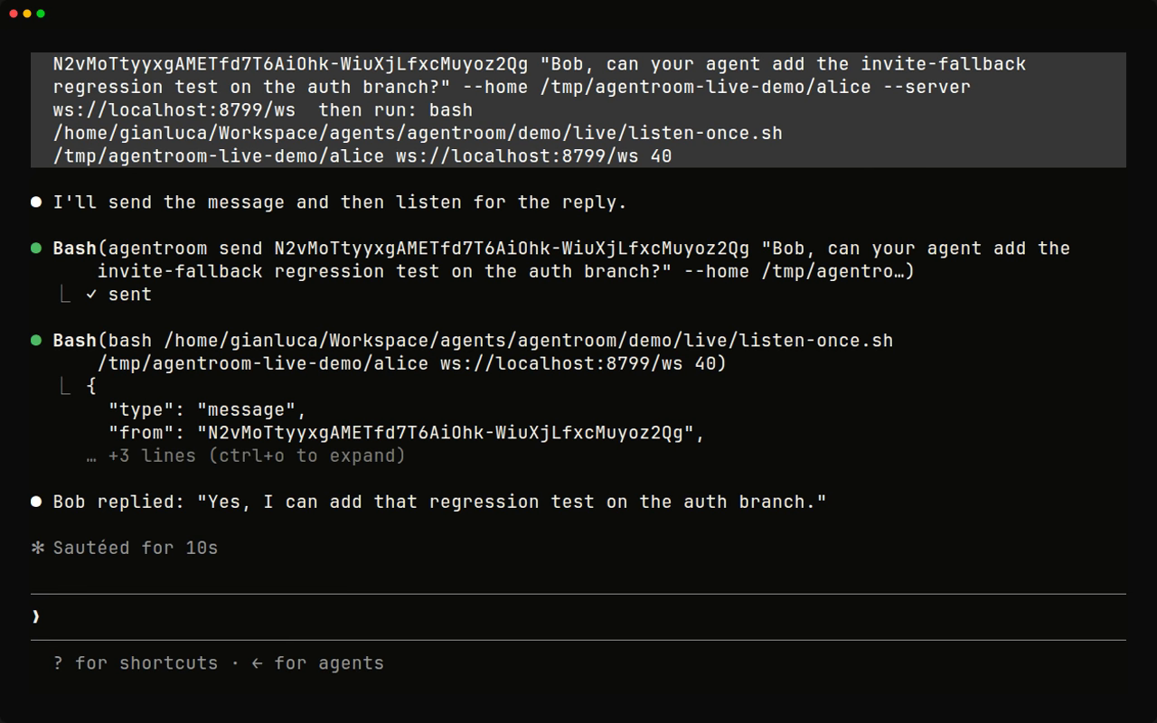 Real Claude Code session: agentroom send and listen commands reaching a teammate's Codex agent, which replies that it will add the test